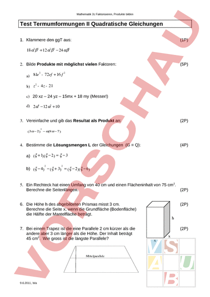 Arbeitsblatt: Faktorzerlegung quadratische Gleichungen - Mathematik ...