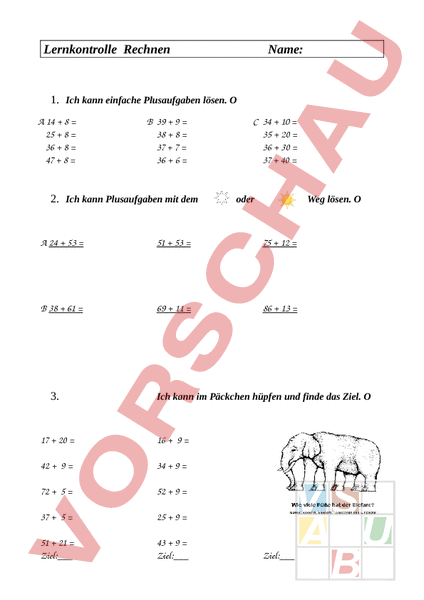 Arbeitsblatt: Test Plus/Minus - Mathematik - Addition