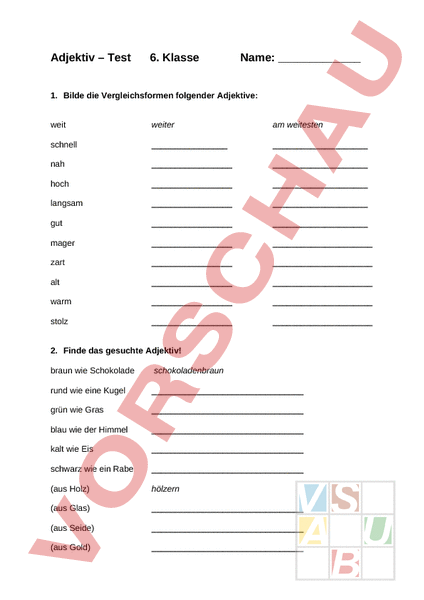 Arbeitsblatt: Adjektivtest 6. Klasse - Deutsch - Grammatik