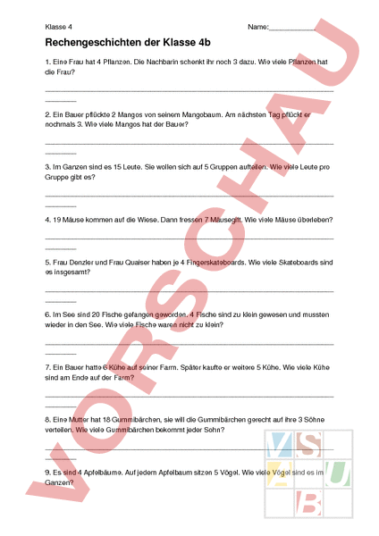 Arbeitsblatt: Rechengeschichten - Mathematik - Sachrechnen / Grössen