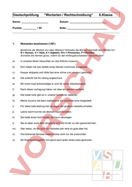 Arbeitsblatt: Test Wortarten, Rechtschreibung - Deutsch - Grammatik