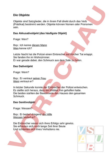 Arbeitsblatt: Übersicht über Objekte - Deutsch - Grammatik