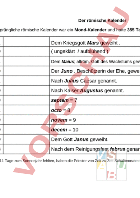 Arbeitsblatt: Römischer Kalender - Geschichte - Altertum