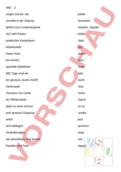 Arbeitsblatt: ABC DRS3-Wortschatzspiel Buchstabe J - Deutsch - Wortschatz