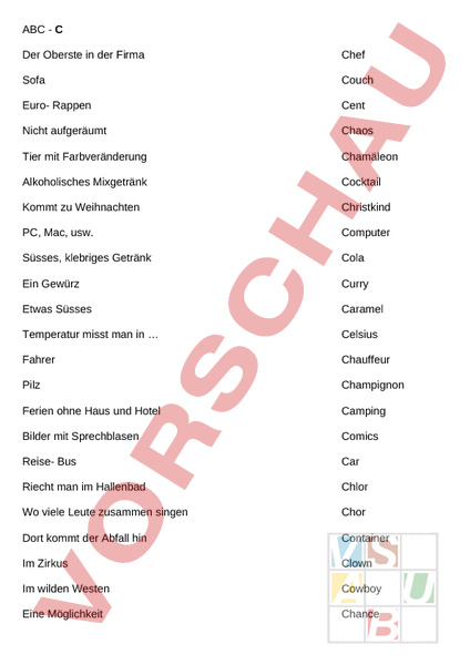 Arbeitsblatt: ABC DRS3-Wortschatzspiel Buchstabe C - Deutsch - Wortschatz