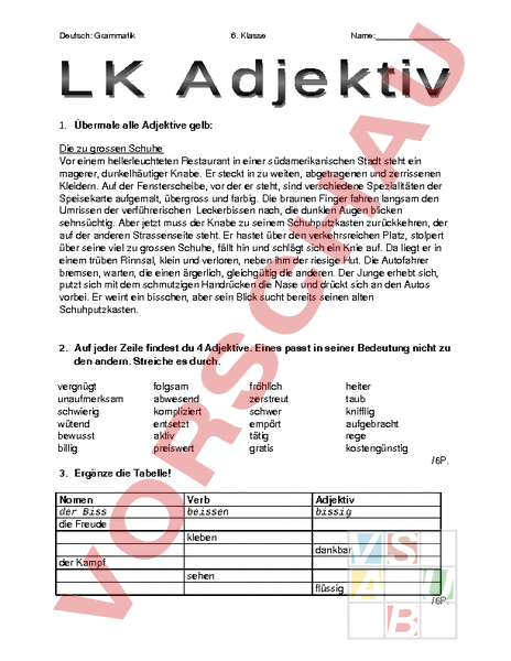 Arbeitsblatt: Test Adjektiv - Deutsch - Grammatik