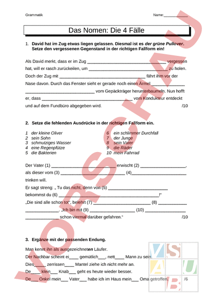 Arbeitsblatt: Test 4 Fälle - Deutsch - Grammatik