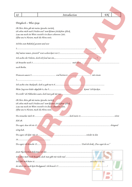 Arbeitsblatt Songtext Denglisch Englisch Anderes Thema