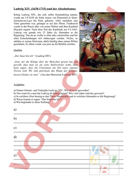Steckbrief Ludwig Xiv Arbeitsblatt
 Arbeitsblatt Arbeitsblatt Ludwig XIV und der Absolutismus