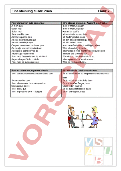 Arbeitsblatt: Eine Meinung ausdrücken - Französisch - Wortschatz