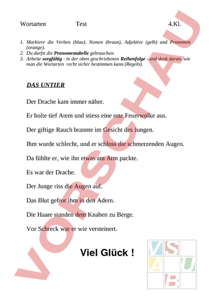 Arbeitsblatt: Wortarten - Deutsch - Grammatik