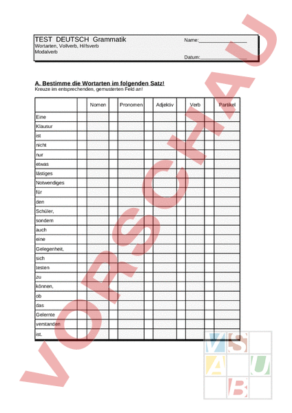 Arbeitsblatt: Test Wortarten, Vollverb, Hilfsverb - Deutsch - Grammatik