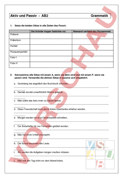 Aktiv Und Passiv Arbeitsblätter
 Arbeitsblatt Aktiv und Passiv Deutsch Grammatik