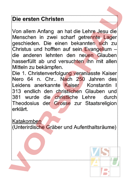 Arbeitsblatt: Die Ersten Christen - Lebenskunde - Religionslehre / Bibel