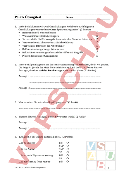 Arbeitsblatt: Politik Übungstest - Geschichte - Politik