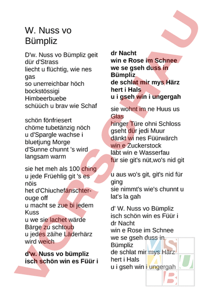 Arbeitsblatt W Nuss Vo Bumpliz Musik Singen Lieder