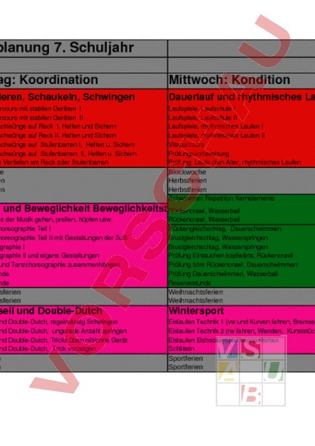 Arbeitsblatt: Sport Jahresplanung 7. Schuljahr - Bewegung / Sport - Gemischte Themen