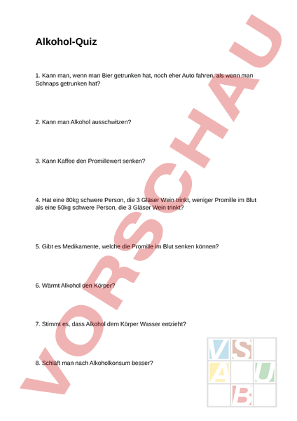 Arbeitsblatt: Quiz zu Alkohol - Lebenskunde - Drogen / Prävention
