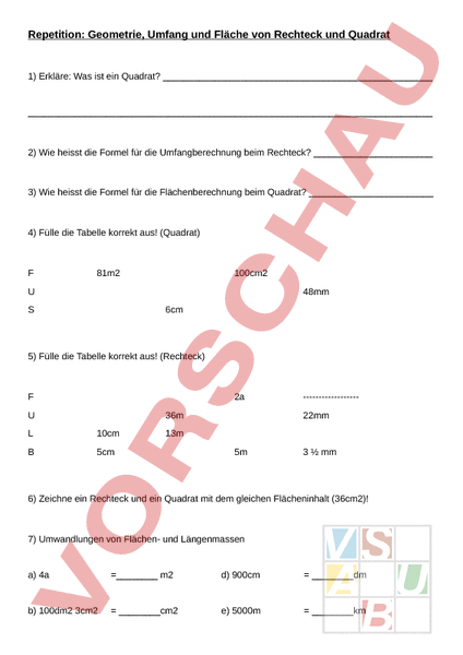 Arbeitsblatt: Umfang/ Fläche Rechteck und Quadrat ...