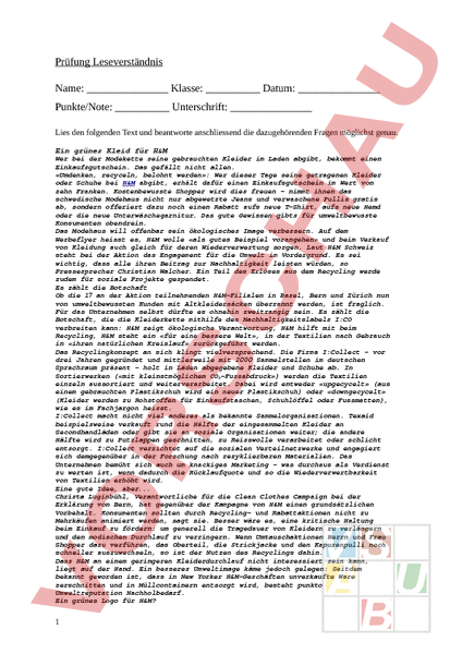 Arbeitsblatt: Leseverständnis - Deutsch - Textverständnis