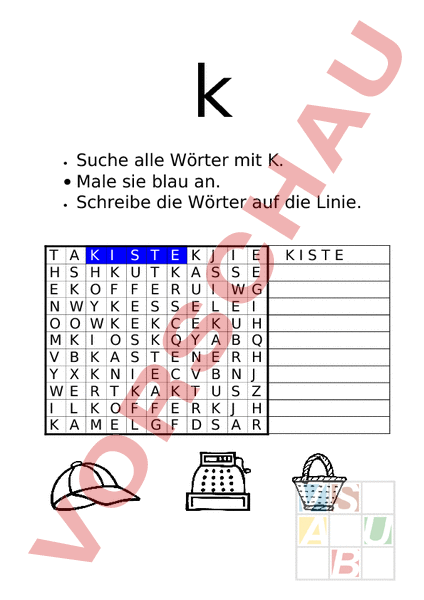 Arbeitsblatt: Wörtersuche K - Deutsch - Erstlesen