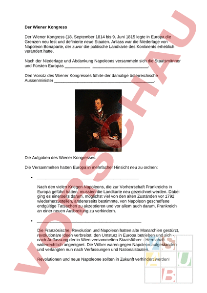 Arbeitsblatt: Wiener Kongress - Geschichte - Neuzeit