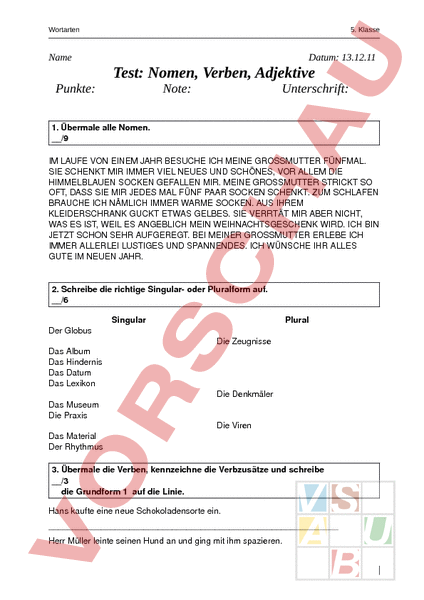 Arbeitsblatt: Test Wortarten - Deutsch - Grammatik