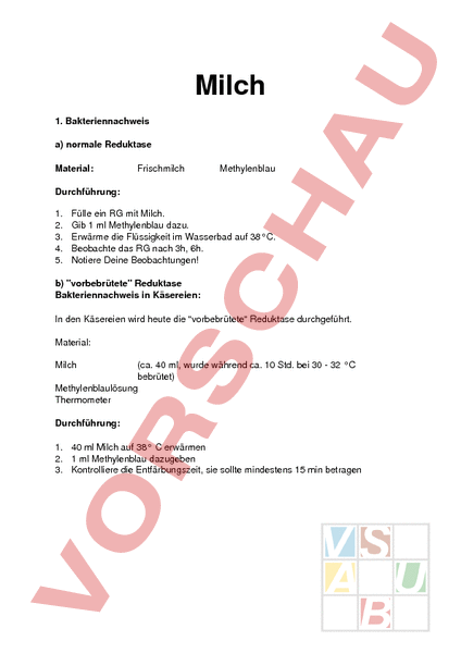 Arbeitsblatt: Milch - Chemie - Gemischte Themen