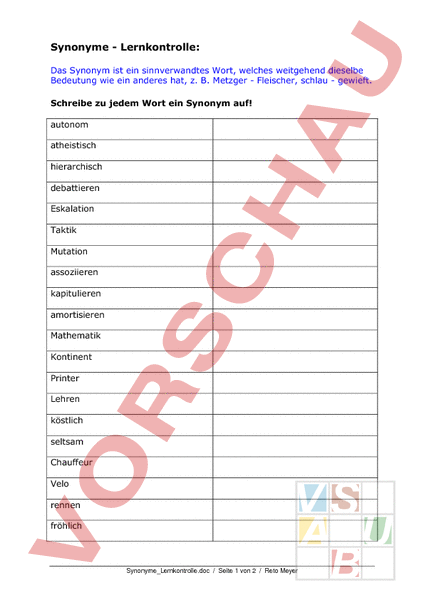 Arbeitsblatt: Synonyme Lernkontrolle - Deutsch - Wortschatz
