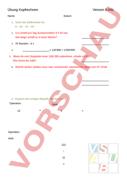 Arbeitsblatt: Kopfrechnen 6.Klasse - Mathematik - Addition