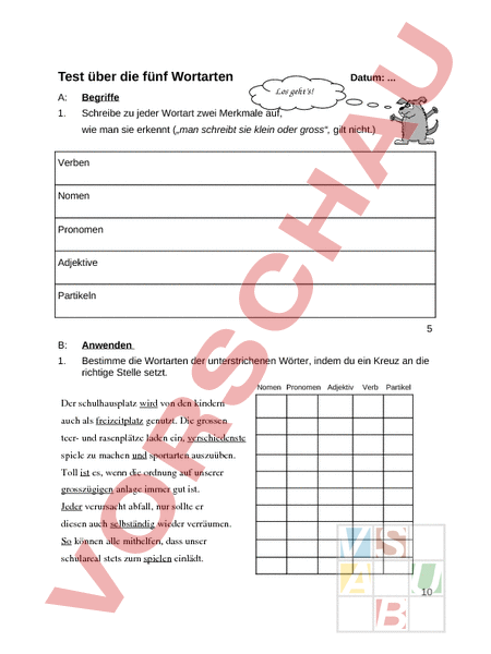 Arbeitsblatt: Test Wortarten - Deutsch - Grammatik