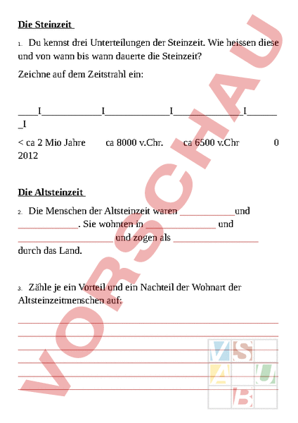 Arbeitsblatt Die Steinzeit Ubungsmaterial Zur Lernkontrolle