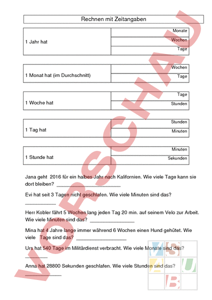 Arbeitsblatt Jahr Tag Std Min Sek Mathematik Sachrechnen Grossen