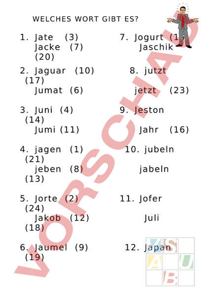 Arbeitsblatt: J-Wörter - Deutsch - Lesefertigkeit