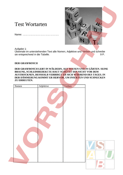 Arbeitsblatt: Test Wortarten - Deutsch - Grammatik
