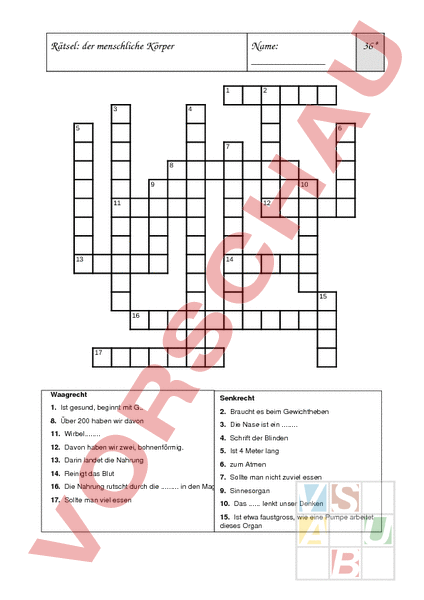 Arbeitsblatt: Kreuzworträtsel zum Körper - Biologie - Anatomie