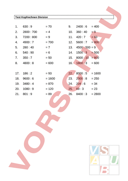 Arbeitsblatt: Kopfrechnen Division 4. Klasse - Mathematik - Division