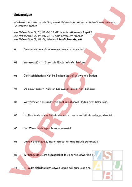 Arbeitsblatt: Satzanalyse - Deutsch - Grammatik
