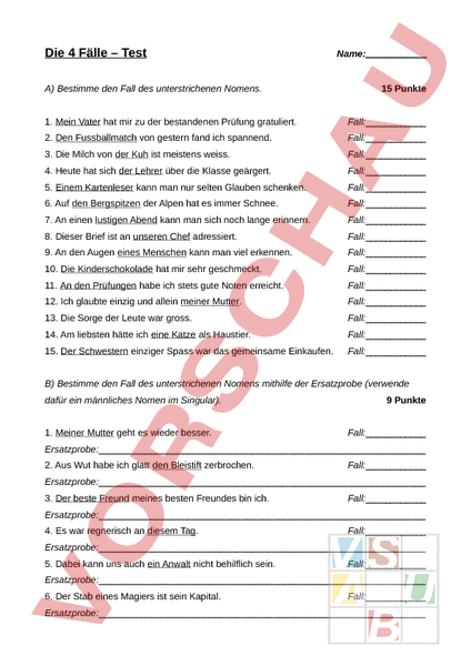 Arbeitsblatt: Die 4 Fälle - Test - Deutsch - Grammatik