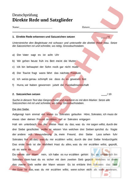 Arbeitsblatt: Direkte Rede/Satzglieder Test - Deutsch - Grammatik