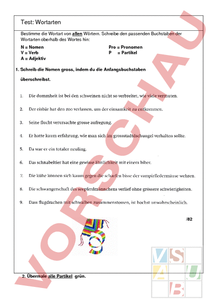 Arbeitsblatt: Wortarten Test - Deutsch - Grammatik