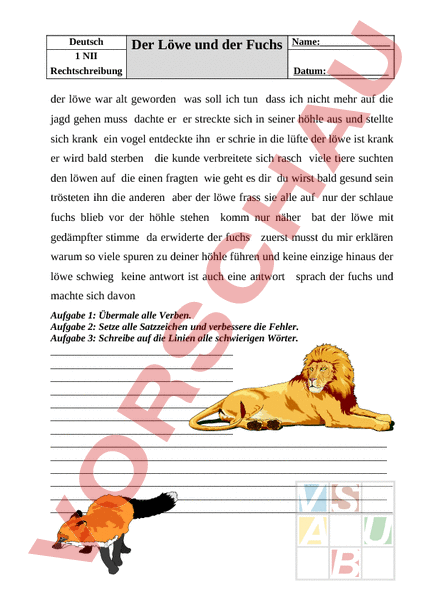Arbeitsblatt: Löwe und Fuchs - Deutsch - Rechtschreibung