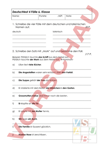 Arbeitsblatt: Deutschtest 4 Fälle - Deutsch - Grammatik