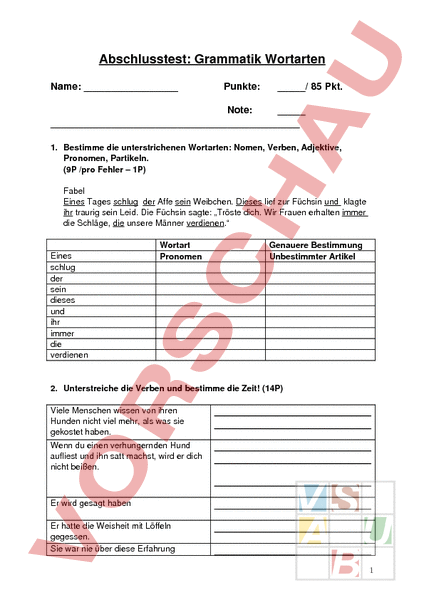 Arbeitsblatt: Test Wortarten - Deutsch - Grammatik