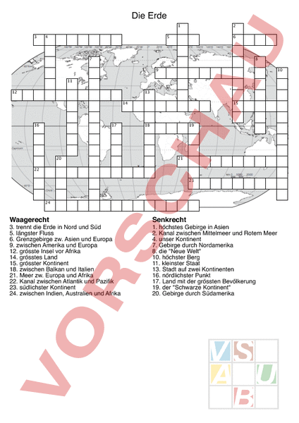 Arbeitsblatt: Kreuzworträtsel Erde - Geographie - Gemischte Themen