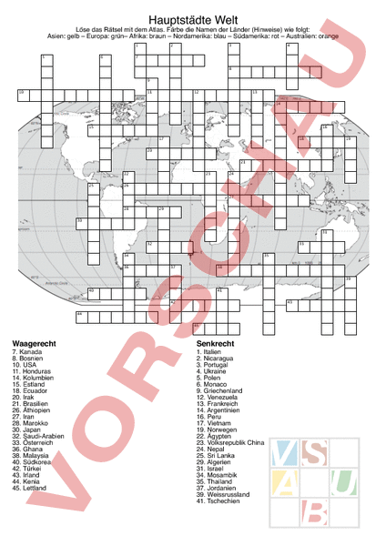  Arbeitsblatt: Kreuzworträtsel Hauptstädte Welt - Geographie - Gemischte Illustration 