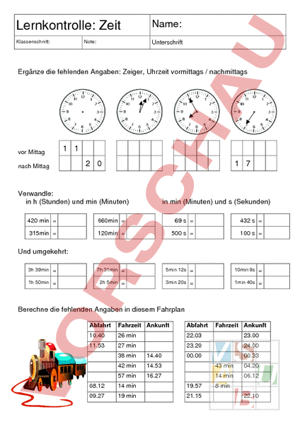 Arbeitsblatt: Prüfung Uhrzeit, 3. Klasse - Mathematik - Anderes Thema