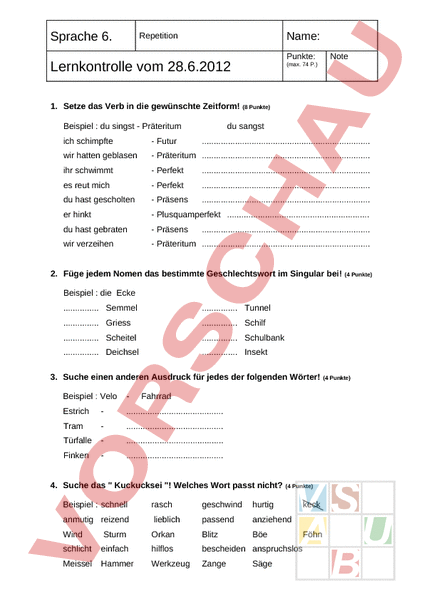 Arbeitsblatt: Repetitionsprüfung 6.Klasse - Deutsch - Grammatik