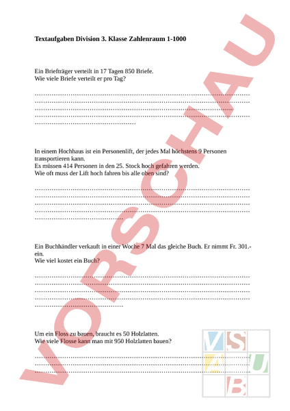 Arbeitsblatt: Division - Textaufgaben- Zahlenraum 1-1000 - Mathematik