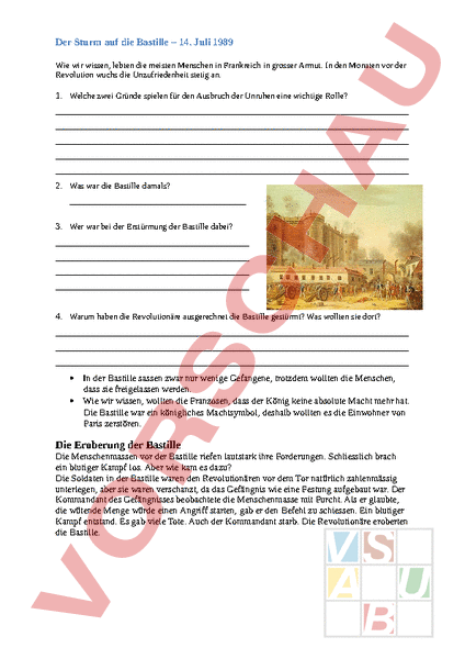 Arbeitsblatt Sturm Auf Die Bastille Geschichte Neuzeit